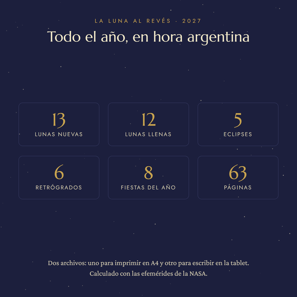 La Luna al Revés — Agenda Lunar y Astrológica 2027 (hemisferio sur, PDF imprimible + tablet)